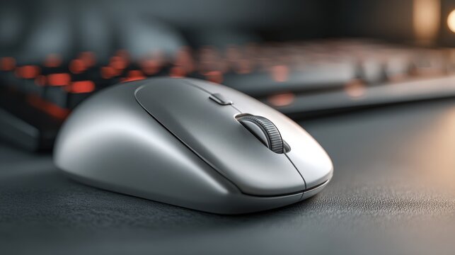 Ergonomic Wireless Mouse Close-Up on Desk with Mechanical Keyboard in Background, Productivity Concept