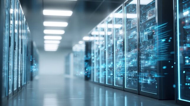 Server Room Data Center with Blue Digital Visualizations for Network, Cloud Computing and Cybersecurity Solutions - Powered by Adobe