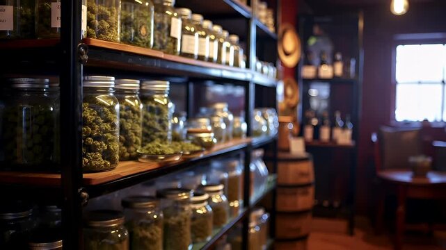 Marijuana cannabis topic concept. A closeup shot of a shelf in a store filled with glass jars containing various items. The jars are of different sizes and shapes, with some having labels on them.