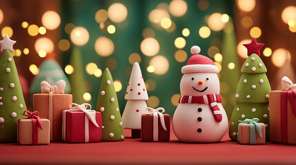 Cute clay snowman with Christmas trees and gifts on red festive background
