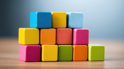 Colorful Wooden Toy Blocks Stacked in a Pyramid Shape on a Wooden Surface