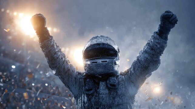 Victorious Racing Driver Celebrates Win in Crowded Stadium with Arms Raised in Triumph