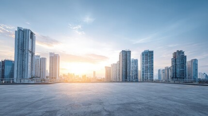 Cityscape Skyline at Sunrise: Modern Architecture, Urban Development, and Empty Concrete Surface for Creative Design