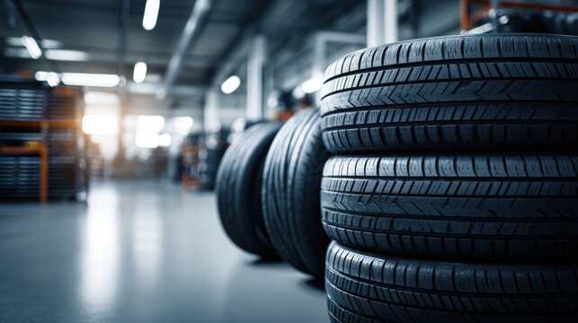 Stacked Car Tires in a Warehouse Ready for Installation, Inventory of Automotive Parts and Equipment