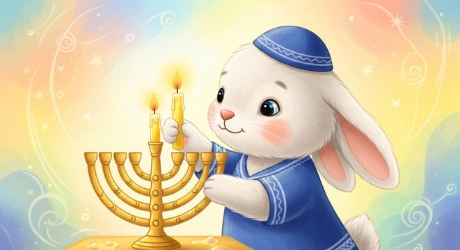 Cute bunny in a yarmulke lighting a menorah candle for Hanukkah celebration. Holiday tradition and Jewish festival of lights concept.