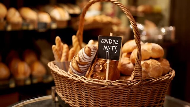 Allergy. A closeup shot of a basket filled with assorted breads in a bakery setting. The breads are displayed with a sign indicating they contain nuts. The colors are warm and inviting.