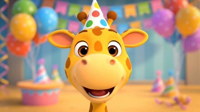 Animated giraffe character celebration with balloons and party decorations