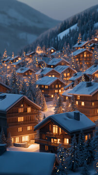 Snowy mountain village with cozy wooden chalets glowing under winter lights
