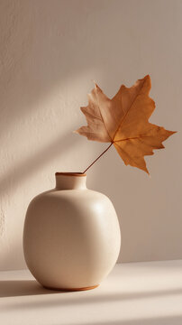 Single Orange Maple Leaf in Minimalist Beige Ceramic Vase with Soft Shadows