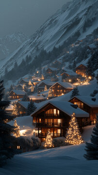 Cozy mountain village illuminated by golden lights in a snowy landscape