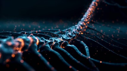 A closeup of a skeletal structure, possibly a human spine, illuminated by a series of glowing, orange and blue lights. The background is dark.