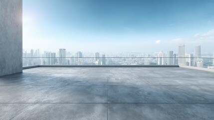 Obraz premium Modern Cityscape Balcony View with Clear Glass Railings and Bright Skyline, Architecture and Design