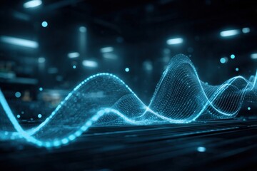 Abstract Glowing Waveform Visualization: Modern Technology, Data Analysis, and Digital Communication Background in Blue Tones