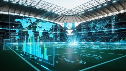 A football stadium with data visualizations overlayed on the pitch, displays charts and maps - Powered by Adobe