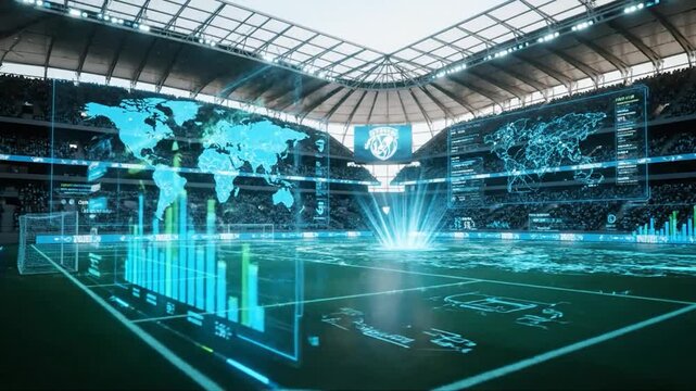 A football stadium with data visualizations overlayed on the pitch, displays charts and maps - Powered by Adobe