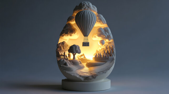 Miniature landscape sculpture with hot air balloon and glowing light. - Powered by Adobe
