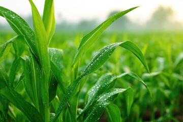Obraz premium Lush Green Cornfield with Morning Dew, Agriculture and Cultivation, Sustainable Farming Practices
