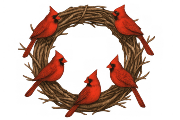 Cardinals perched on a rustic twig wreath, festive red birds framing a simple circular winter holiday design for seasonal decor