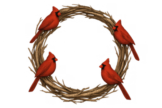 Red cardinal birds perching on a brown twig wreath, creating a natural frame. Transparent background