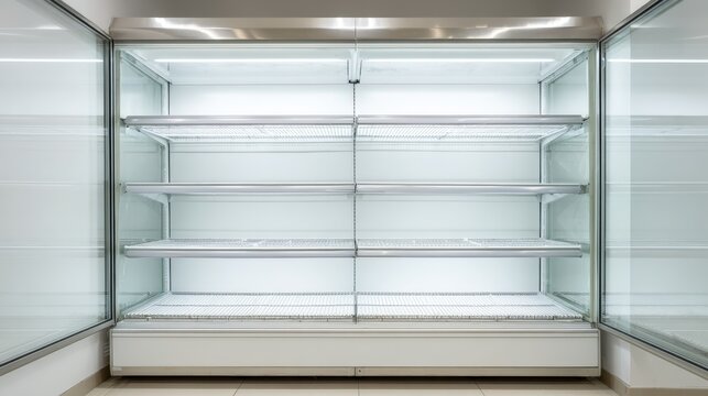 Empty Commercial Refrigerator Display Case with Glass Shelves and Doors for Supermarket Retail
