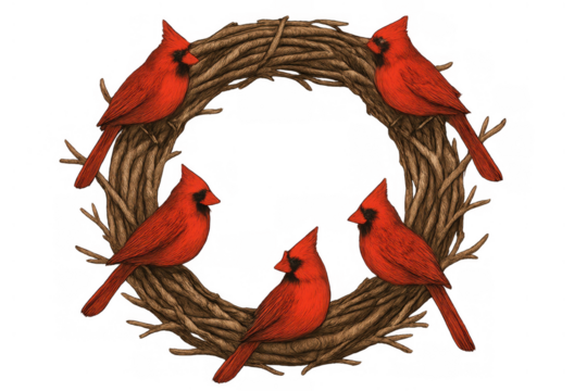 Cardinals perched on a rustic twig wreath, festive red birds framing a simple circular winter holiday design for seasonal decor
