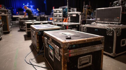 Backstage Gear Cases Ready for Concert Tour, Transport Boxes Lined Up on Venue Floor