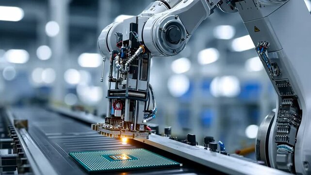 Generative AI. Robotic arm assembling microchip on conveyor belt in high-tech manufacturing facility, showcasing precision engineering and automation in modern technology