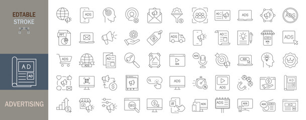Advertising icon set. Editable line icons. Vector illustration. 