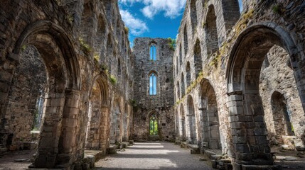 Naklejka premium Majestic Abbey Ruins with Stone Arches and Open Sky, Representing History and Architectural Heritage
