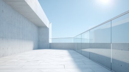 Obraz premium Minimalist Concrete Architecture with Glass Railing under Bright Sky, Modern Building Design and Geometric Structure