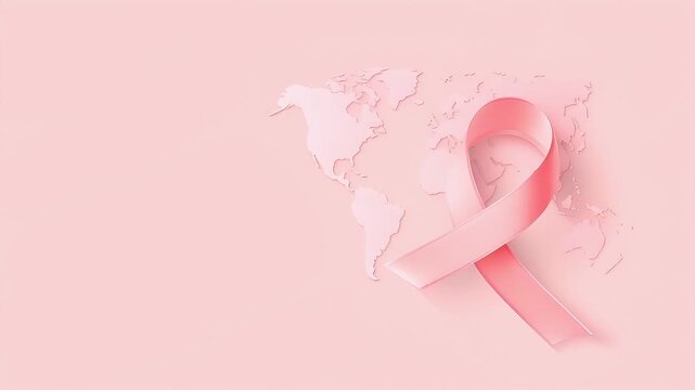 Breast cancer awareness day. pink ribbon with world map on pink background.