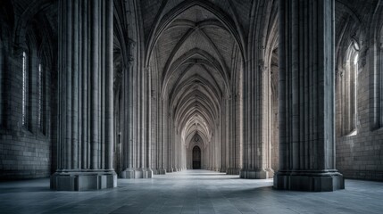 Majestic Gothic Architecture Interior with Vaulted Ceilings and Stone Columns in a Grand Hall