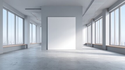 Fototapeta premium Bright Modern Gallery Space with Large Windows and a Blank Canvas for Art Display