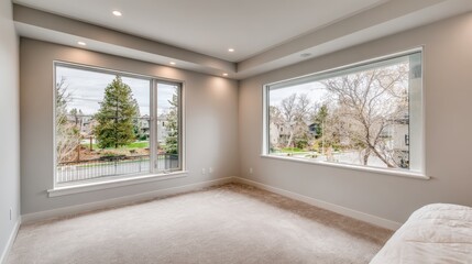 Fototapeta premium Bright and Spacious Bedroom Interior with Large Windows Overlooking a Serene Outdoor View