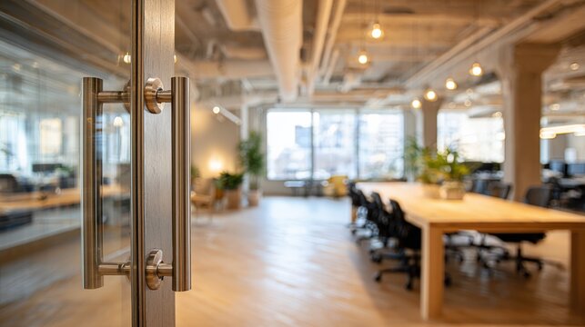 Modern Office Space with Open Glass Doors and Collaborative Meeting Table for Creative Work
