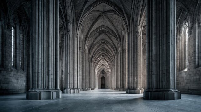Majestic Gothic Architecture Interior with Vaulted Ceilings and Stone Columns in a Grand Hall