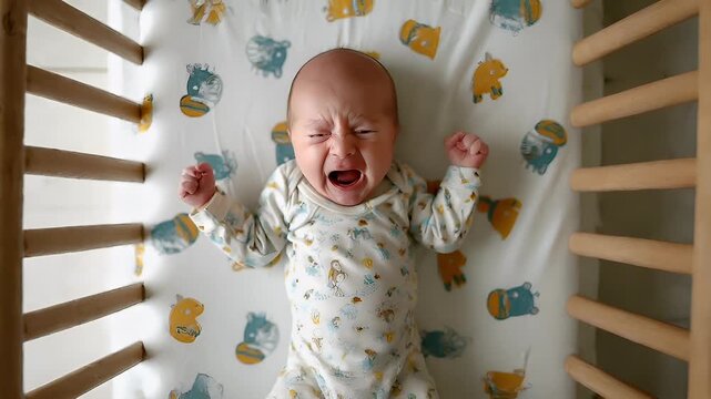 A closeup of a baby crying in a crib with a white sheet adorned with blue and yellow animal illustrations.