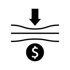 Minimal line art icon. showing a downward arrow and dollar sign representing cost reduction, savings, and operational efficiency in business or industry.