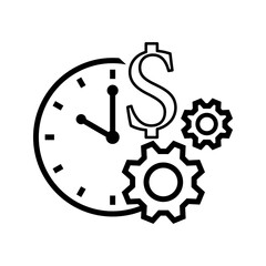 ime Is Money Icon Element For Design Black and white vector icon showing a hand holding a clock, dollar sign, and gears symbolizing time management, business efficiency, and financial productivity.