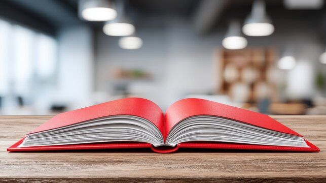 Open red book on a wooden table against a blurred office background showcasing learning - Powered by Adobe