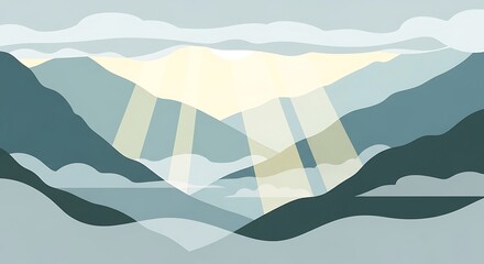 Abstract Mountain Landscape with Sun Rays Vector Illustration.