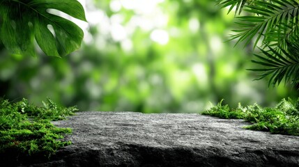 Tropical Stone Platform Display with Lush Greenery, Ideal for Product Showcase and Natural Presentation