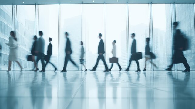Blurred motion of business professionals walking in a modern office building against bright light background - Powered by Adobe