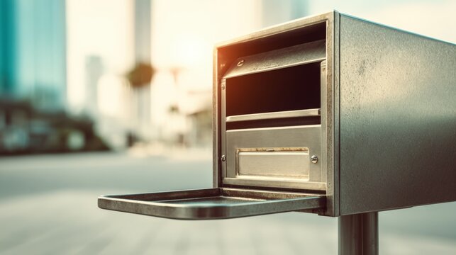 Empty Metal Mailbox with Open Door on City Street, Delivering and Receiving Mails