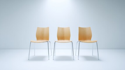 Fototapeta premium Empty Wooden Chairs in a Minimalist White Room, Spotlight on Opportunity, Recruitment, and Anticipation