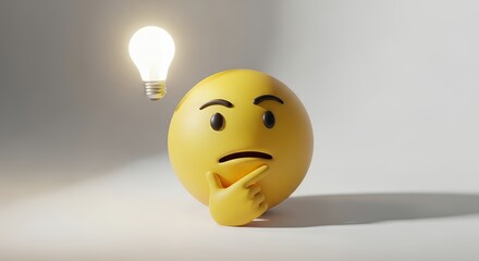 Yellow Thinking Emoji with Light Bulb Overhead on White Background