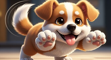 Cute Brown and White Puppy Dog Playing with Paws Outstretched in Indoor Setting