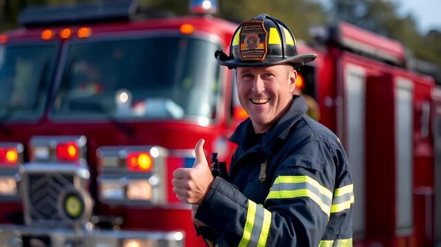 A firefighter giving a thumbsup in front of a fire truck. The firefighter is wearing a fullface helmet with a reflective visor, and a blue uniform with yellow and black stripes.