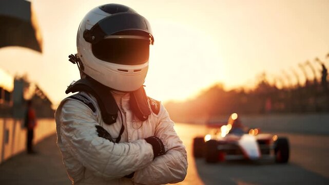 Race car driver in helmet stands confidently on track during sunset with car in background