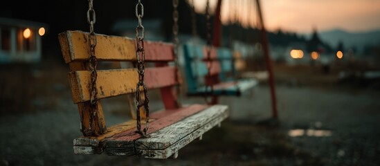 Close-up of worn, colorful swings in a park at sunset, with soft focus